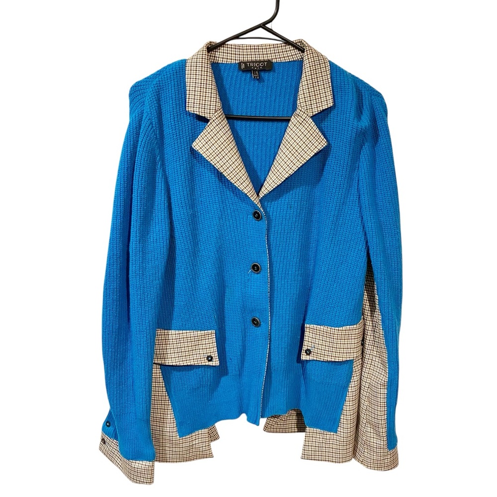 Tricot Chic Made in Italy Blue Knit‎ Plaid Button Front Jacket Coat Sweater Sz 6